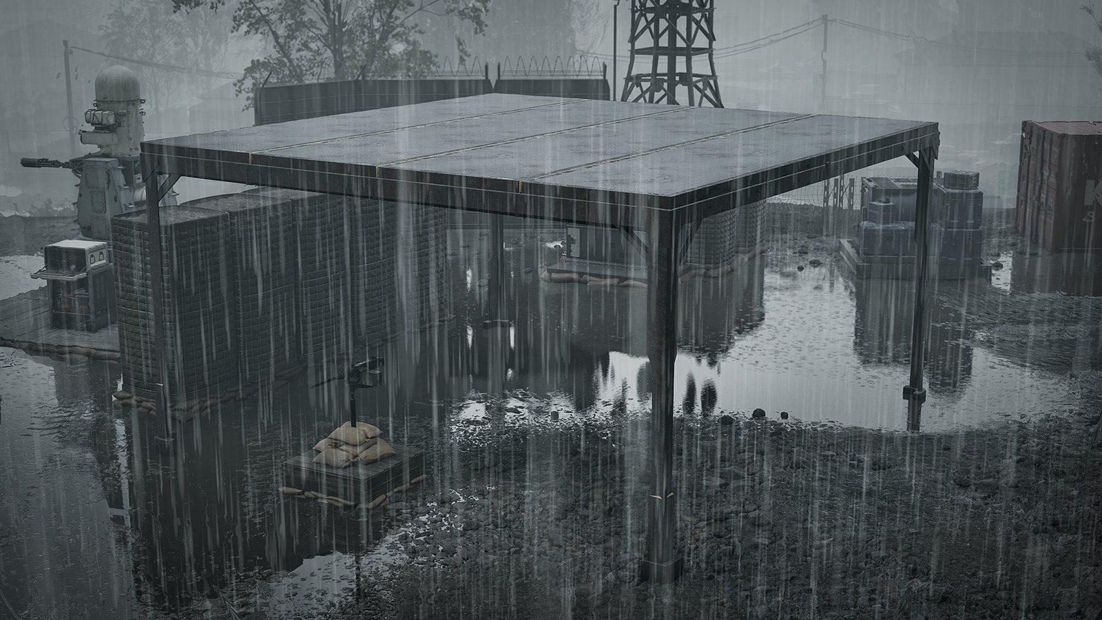 Large metal shelter covering vehicles and structures at a fortified position