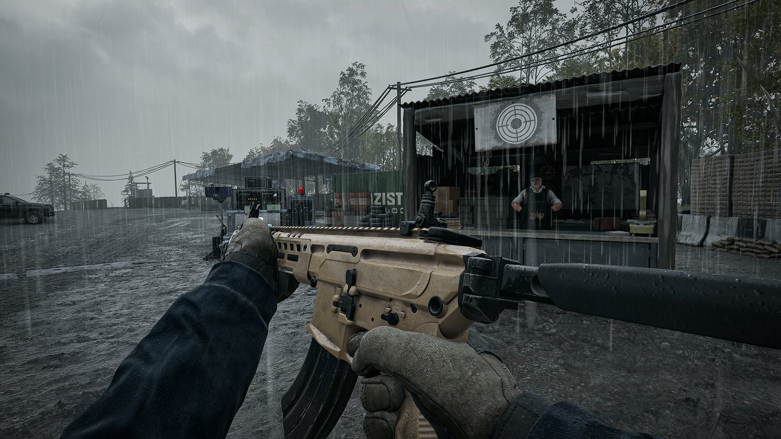 TCX-SPR assault rifle shown in first-person during rain