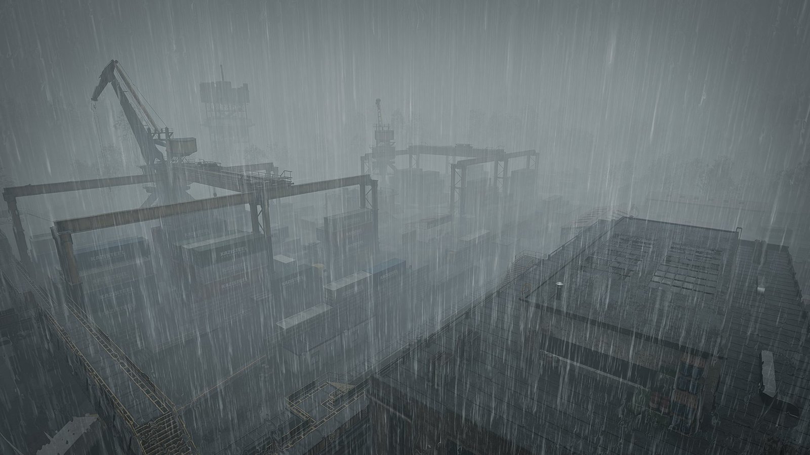 Heavy rain reduces visibility across an industrial shipping yard